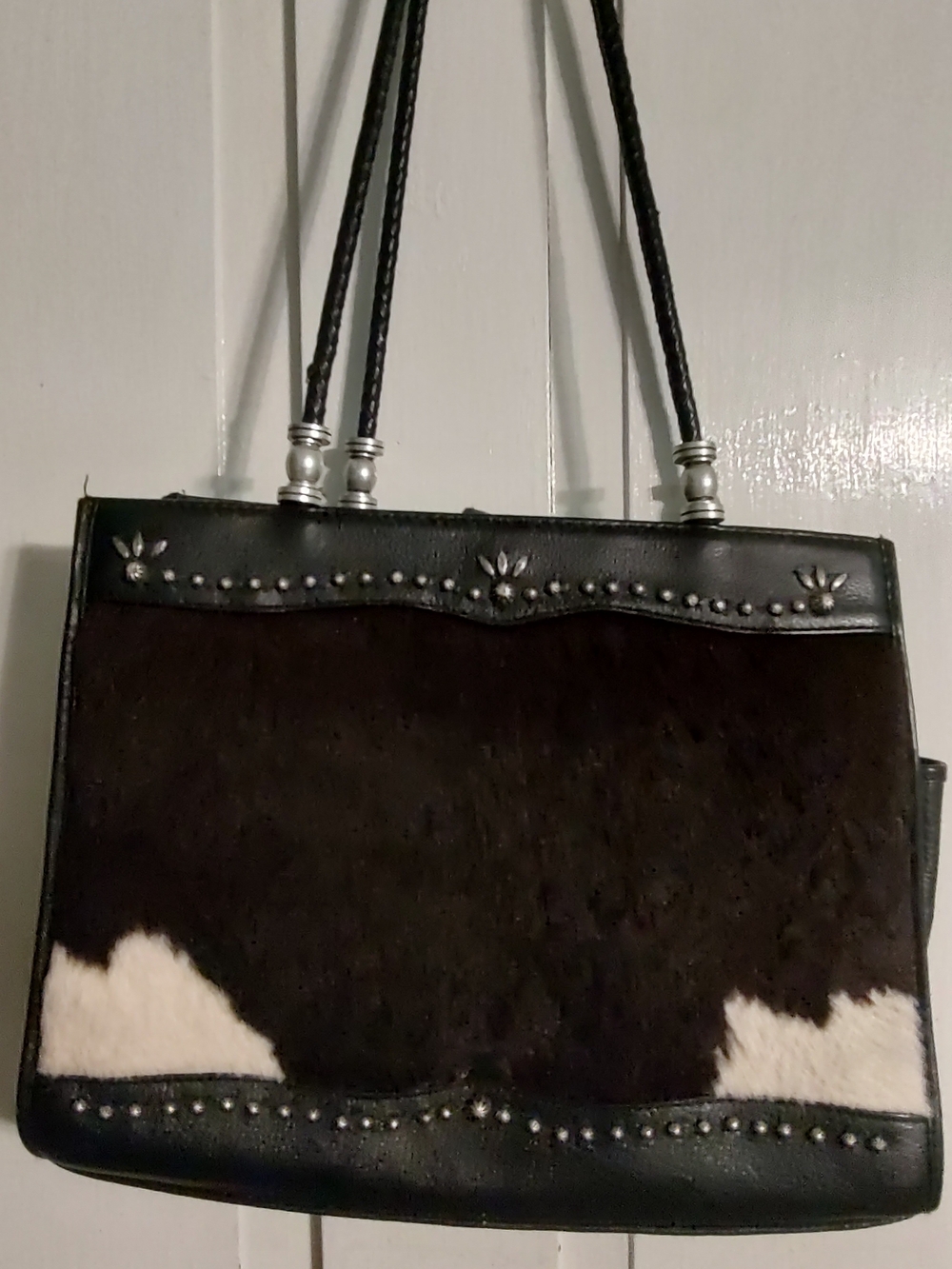 Cow Print Satchel Top Handle Bag Studded Double Handles Snap Zip Pockets